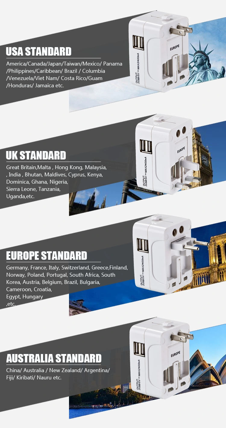 UK Us Au EU Travel Adapter with 2 USB 2.4A