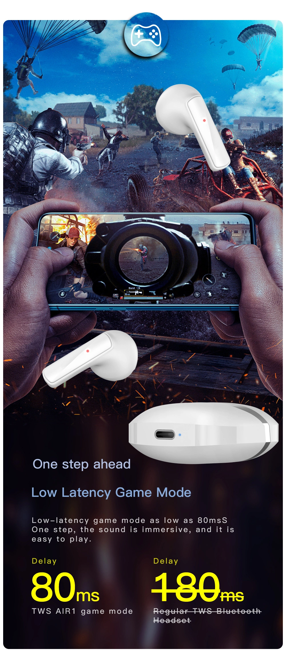 Hot Sale Low Delay Wireless Bluetooth Earphone for Game and Music