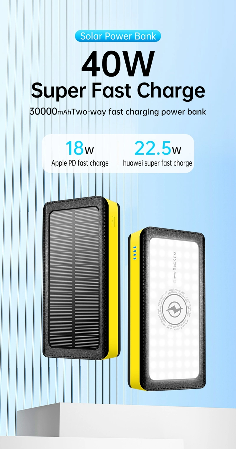 Factory Travel Style 30000mAh Big Capacity Outdoor Power Bank 6output 2 Input Support Mobile Wireless Charging Pd 22.5W Fast Solar USB Phone Charger