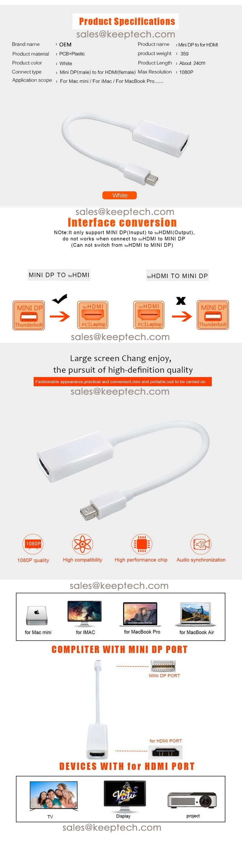 Mini Dp to HDMI Adapter Cable for MacBook PRO Air Thunderbolt