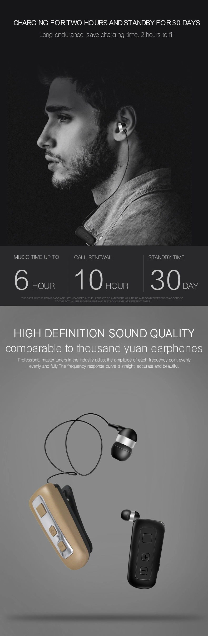 New Design V5.0+EDR Strong and Stable Transmission 10m Collar Clip Retrackable Bluetooth Earbuds Earphone