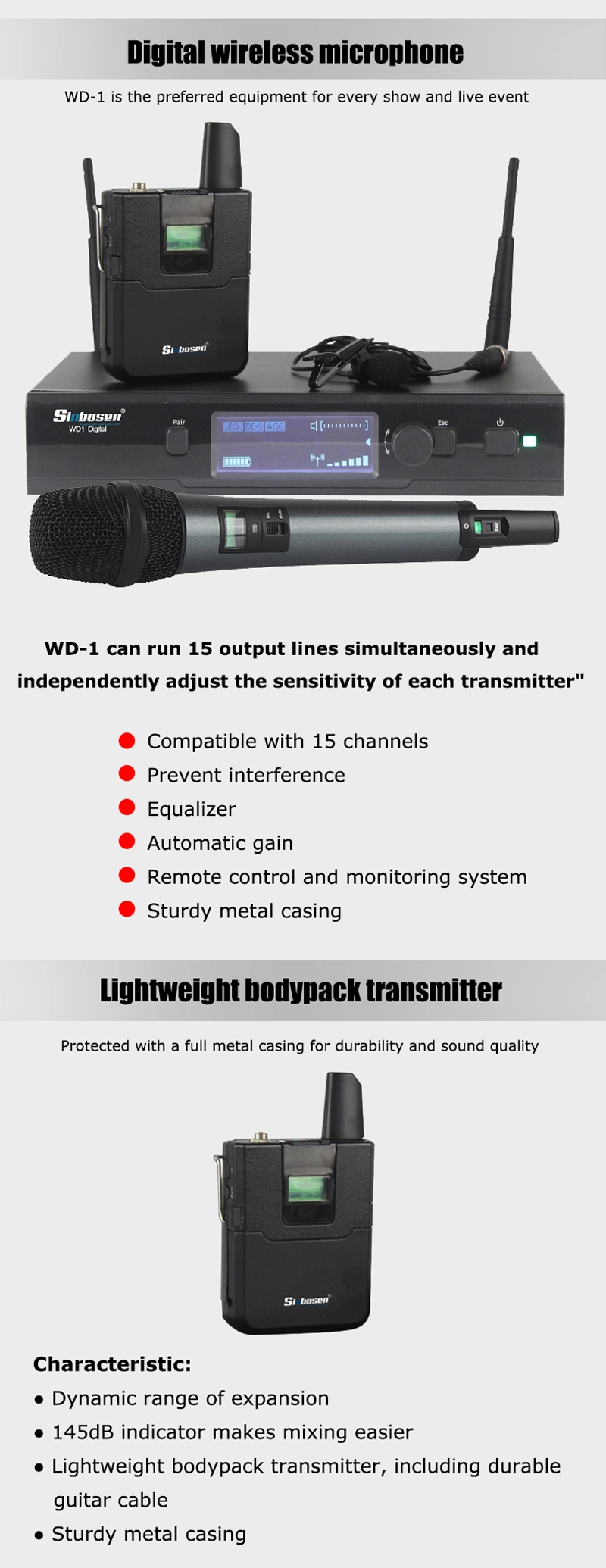 Sinbosen UHF Digital Wireless Microphone Ewd1 626-668 MHz Handheld Lavalier Microphone